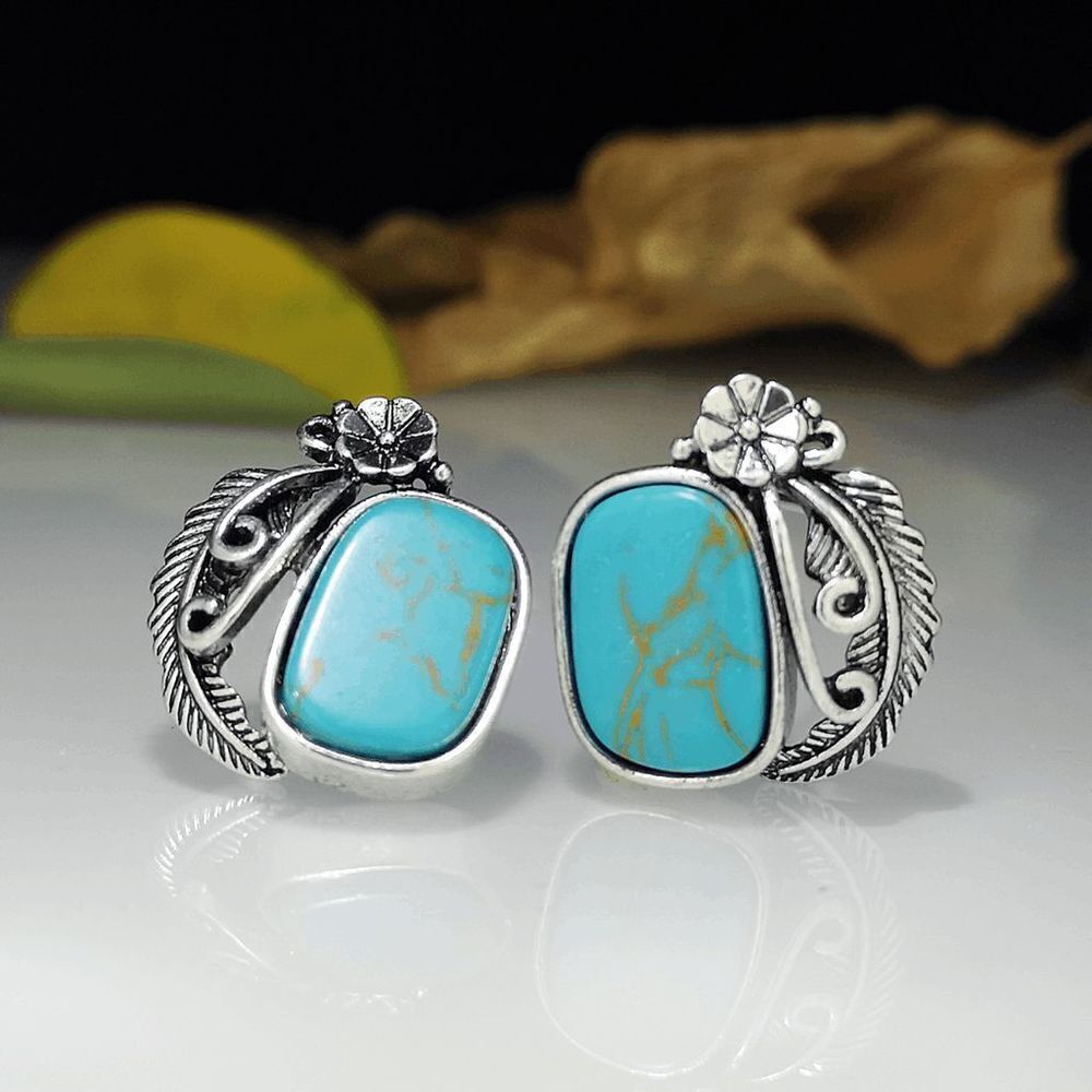 SILVER TURQUOUSE BOHO WESTERN FLOWER LEAF FEATHER STUD EARRINGS